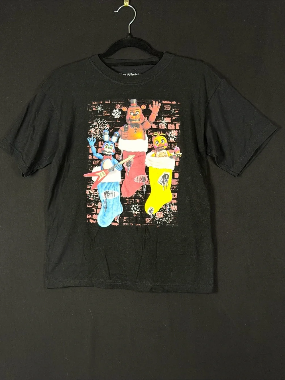 Five Nights at Freddy's Graphic Tee Black Holiday Stockings Cotton Bonnie Chica